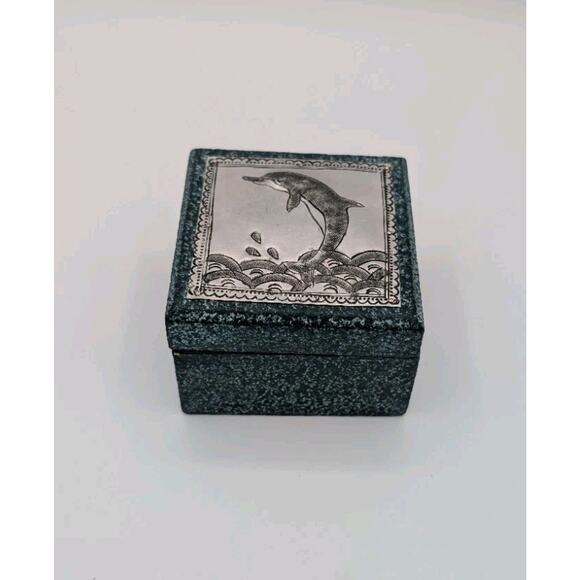 Jumping Dolphin Trinket Box Raised Etched Metal Medallion Textured Exterior 3x2 - Picture 3 of 5